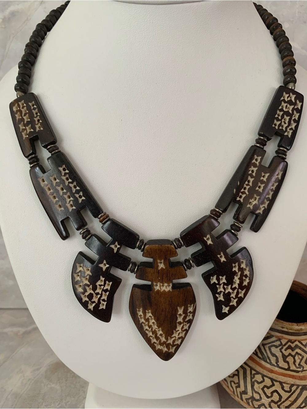 African Tribal Necklace Handcrafted Dark Brown Engraved Bone and Wood